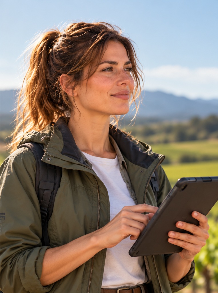 Ana consultando una tableta en el campo